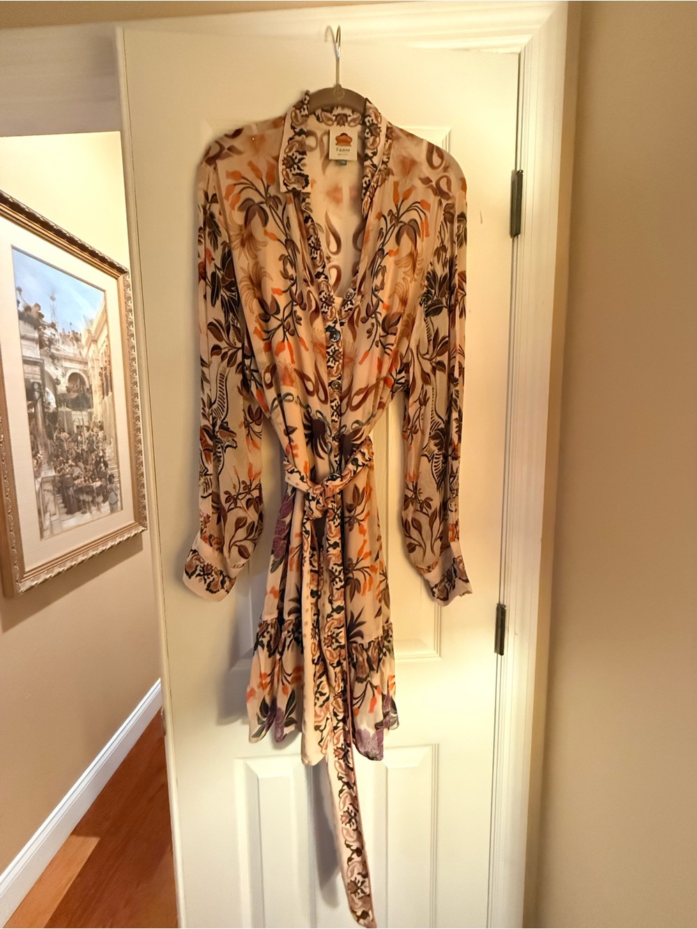 FARM Rio Beige Floral Long-Sleeve Wrap Dress with Purple & Orange Print